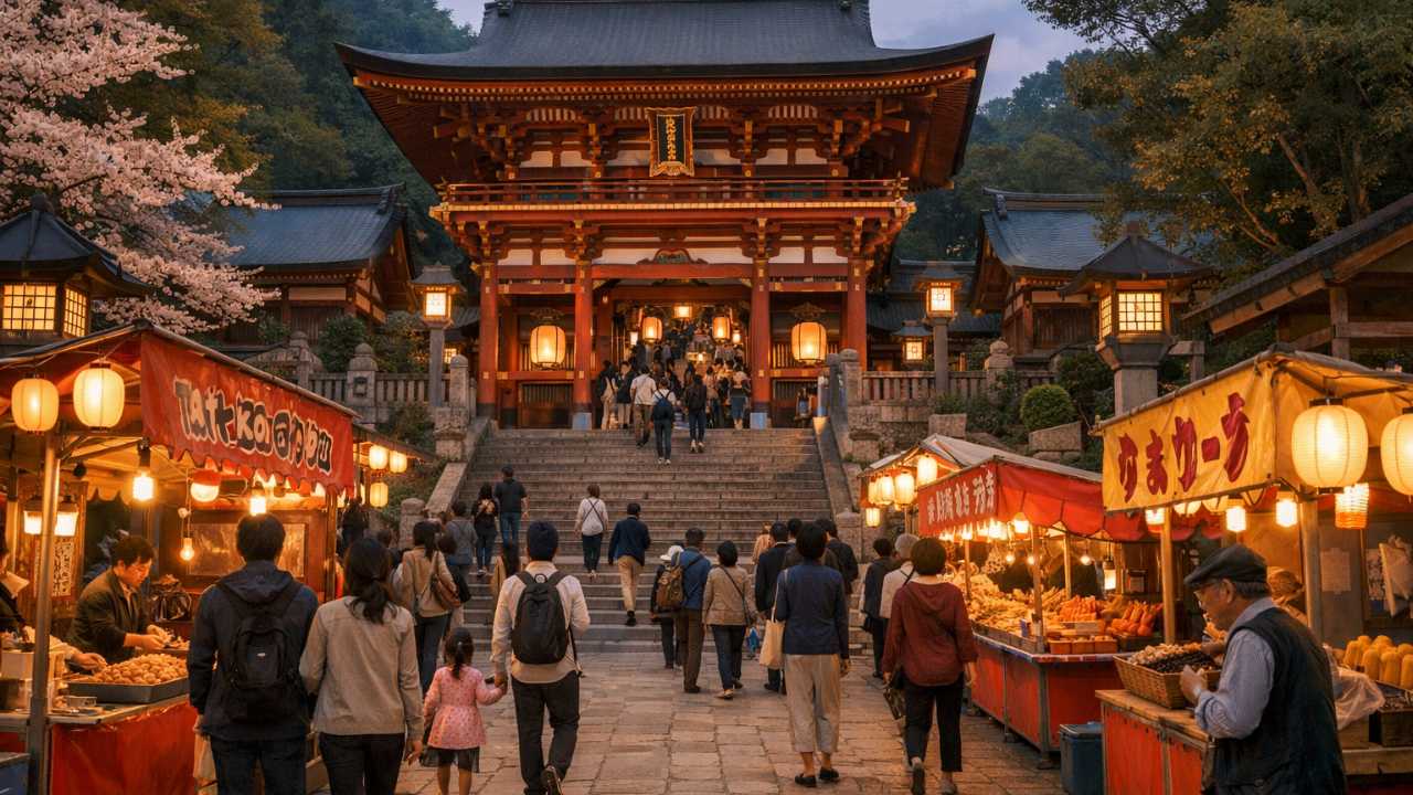 岐阜県岐阜市の伊奈波神社、壮麗な楼門と石段、参道周辺に祭礼の賑わいを感じる屋台