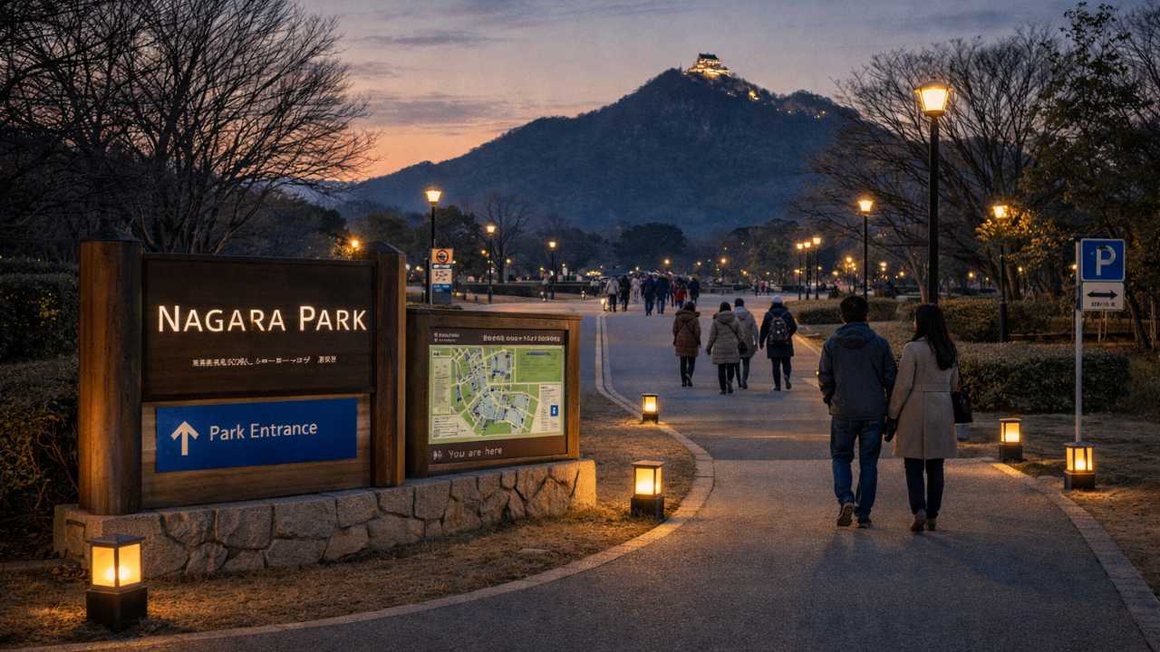 冬の夕方の長良公園入口周辺をイメージした風景