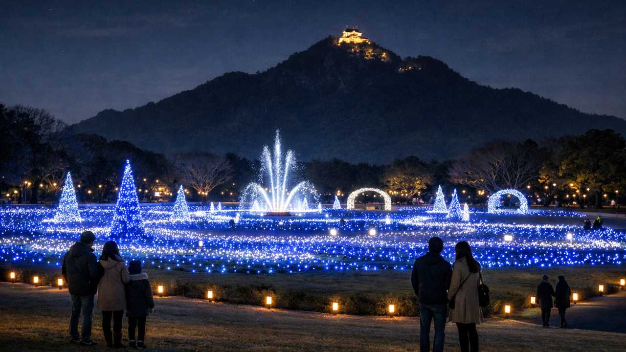 長良公園イルミネーションをイメージした冬の夜の公園風景