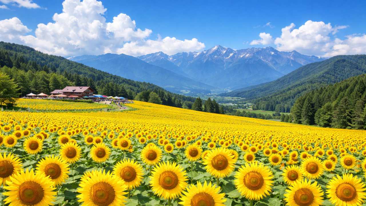 高原に広がるアルコピアひまわり園の風景