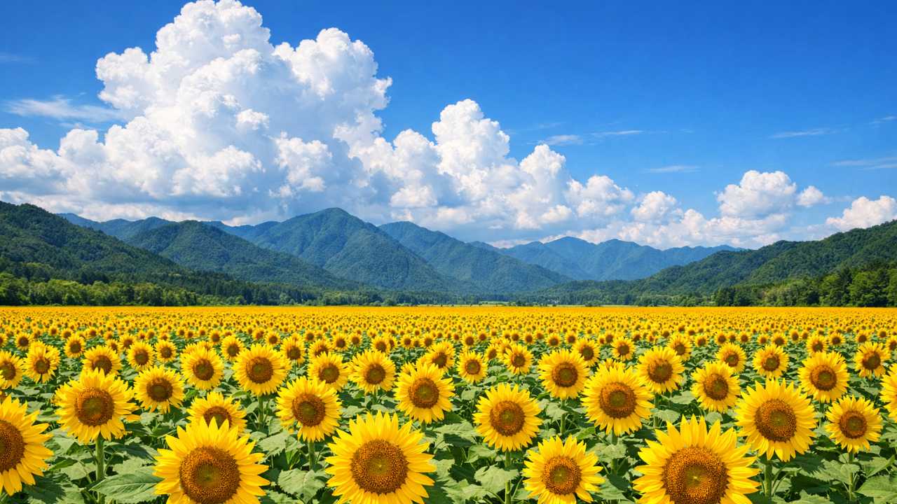 夏の岐阜県にある広大なひまわり畑、青空と入道雲、奥に山並み、明るい自然光、旅行ブログのアイキャッチに適した横長構図