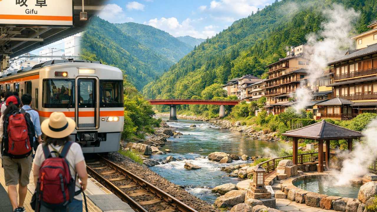 岐阜駅から下呂温泉へ向かう旅をイメージした横長のアイキャッチ。JRの駅出発イメージ、山あいを走る列車、下呂温泉街の落ち着いた街並み