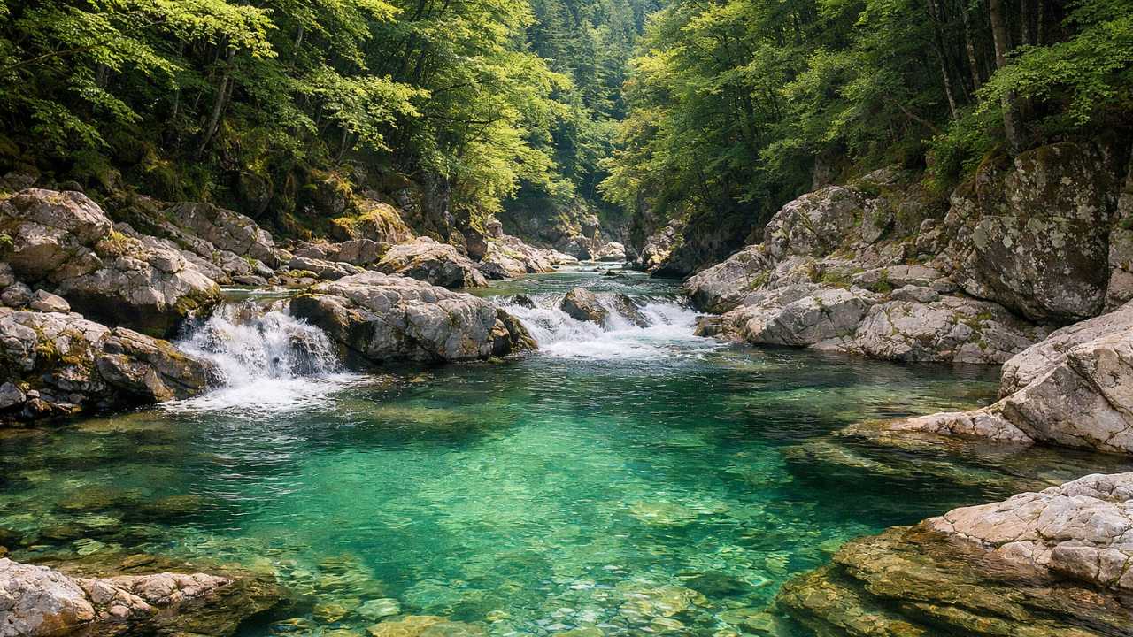 岐阜県中津川市の付知峡をイメージした旅行ブログ用アイキャッチ。透明感のあるエメラルドグリーンの清流
