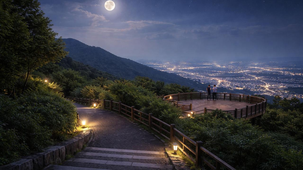 月見の森の夜景をテーマにしたブログ用アイキャッチ。山の上の展望広場から見える街の明かりと月、静かで幻想的な雰囲気