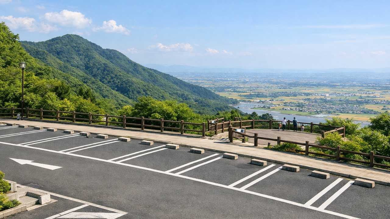 岐阜県海津市の月見の森をイメージしたアイキャッチ。手前に整った駐車場導線の雰囲気、奥に緑の山並みと月見広場から見下ろす濃尾平野の大パノラマ