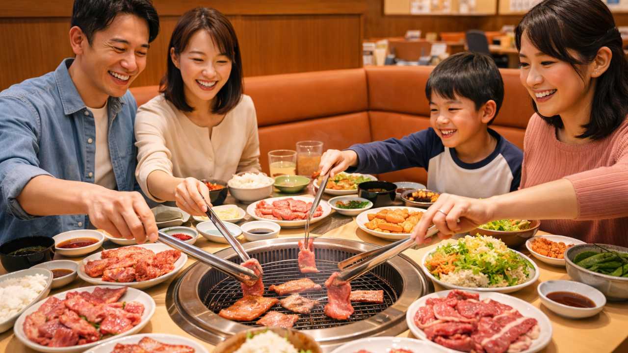 岐阜県の焼肉食べ放題特集のメインビジュアル。家族や友人が明るい焼肉店でテーブルを囲み、カルビ、タン、サイドメニューが並んでいる。食べ放題らしい満足感と清潔感が伝わる構図