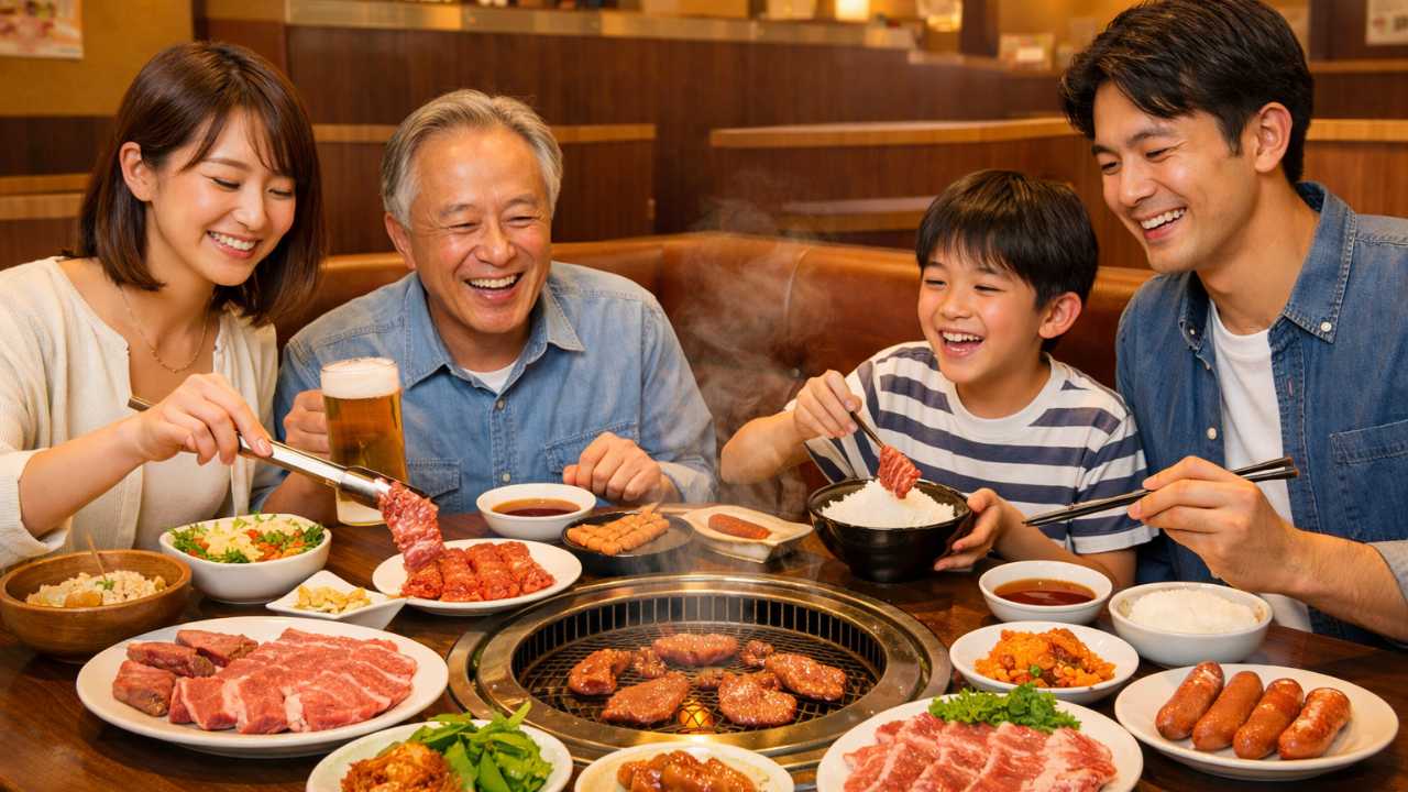 岐阜県の焼肉食べ放題特集のメインビジュアル。家族や友人が明るい焼肉店でテーブルを囲み、カルビ、タン、サイドメニューが並んでいる。食べ放題らしい満足感と清潔感が伝わる構図