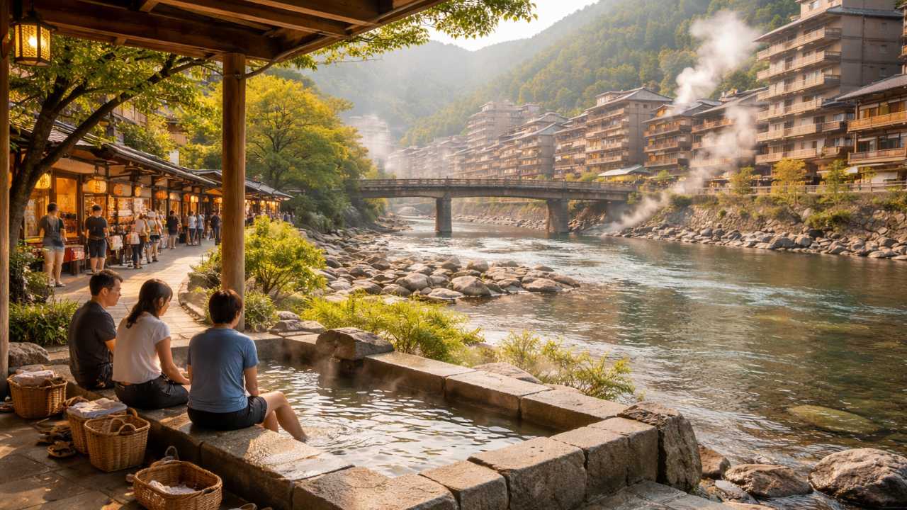 下呂温泉の足湯と温泉街散策のイメージ、川沿いの景色、旅の余韻が伝わる穏やかな雰囲気