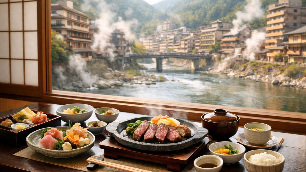 下呂温泉の温泉街を背景に、和の落ち着いた個室ランチの雰囲気が伝わるビジュアル。手前に上品な和食または飛騨牛料理