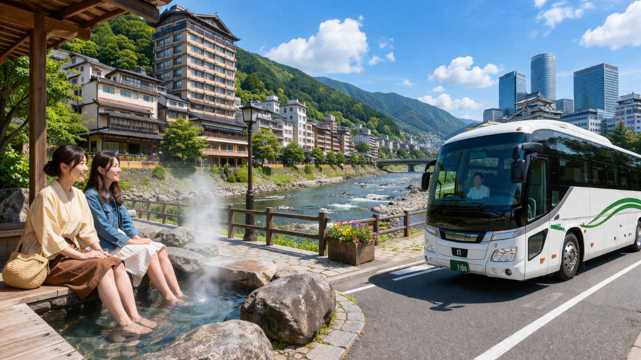 下呂温泉の温泉街、名古屋発の旅行感、バス移動のイメージが一目で伝わる構図