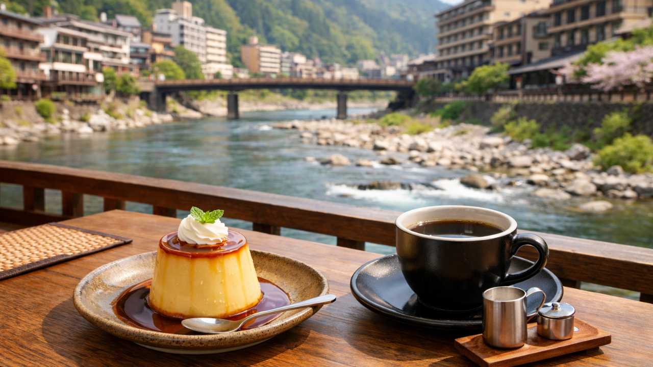 下呂温泉街の川沿いの風景を背景に、木のテーブルの上にプリンとコーヒー、やわらかい自然光、落ち着いた和モダンの雰囲気