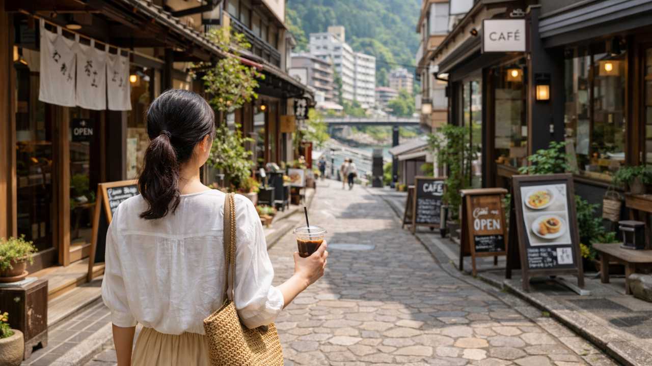 下呂温泉街を散策しながらおしゃれカフェ巡りを楽しむ風景
