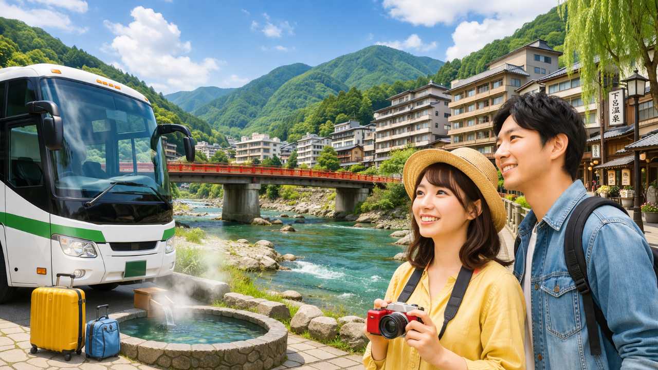 下呂温泉の温泉街、名古屋発の旅行感、バス移動のイメージが一目で伝わる構図