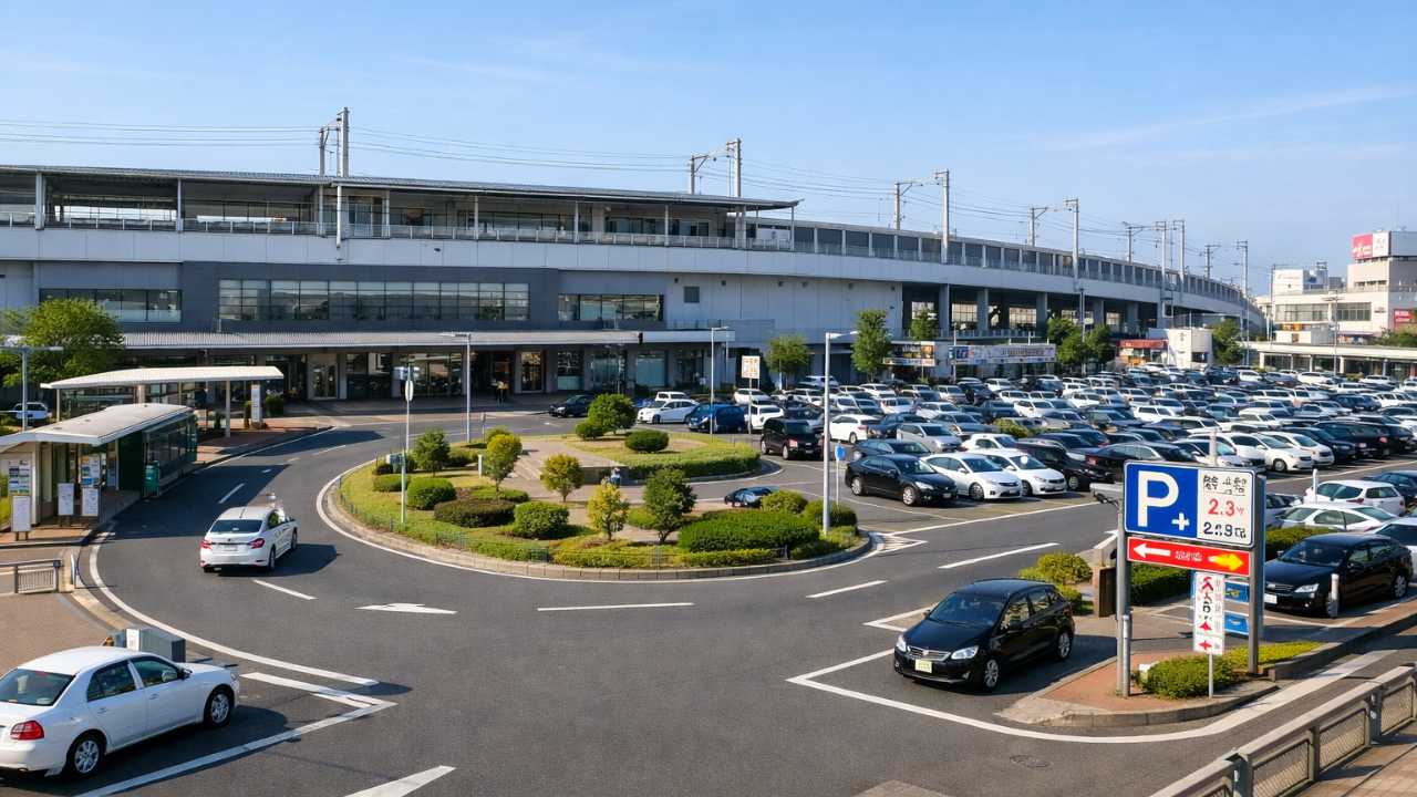 岐阜羽島駅前の広い駅前ロータリーと周辺駐車場を分かりやすく表現した日本の駅前風景