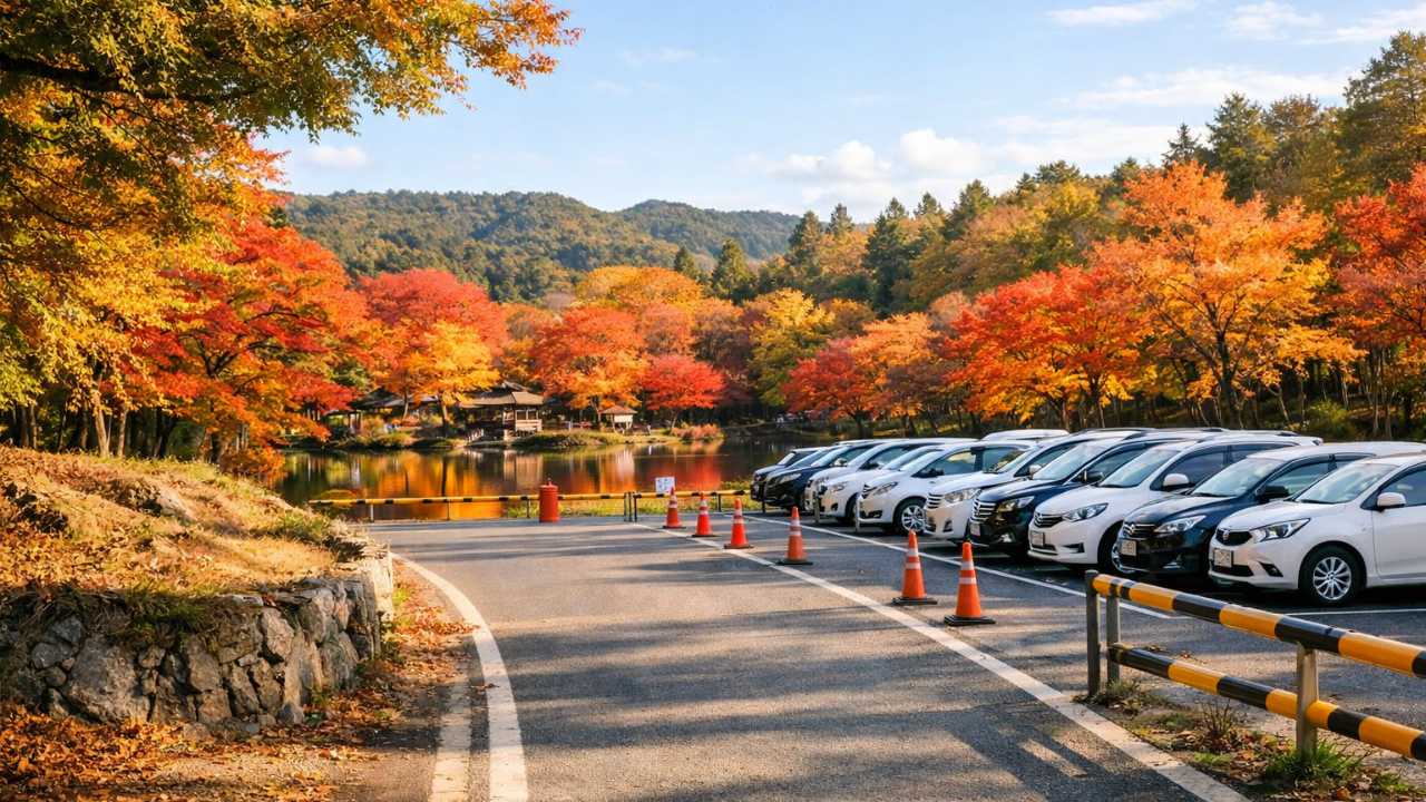 秋の曽木公園を背景に、落ち着いた道路案内と駐車場のイメージが伝わるブログ用アイキャッチ