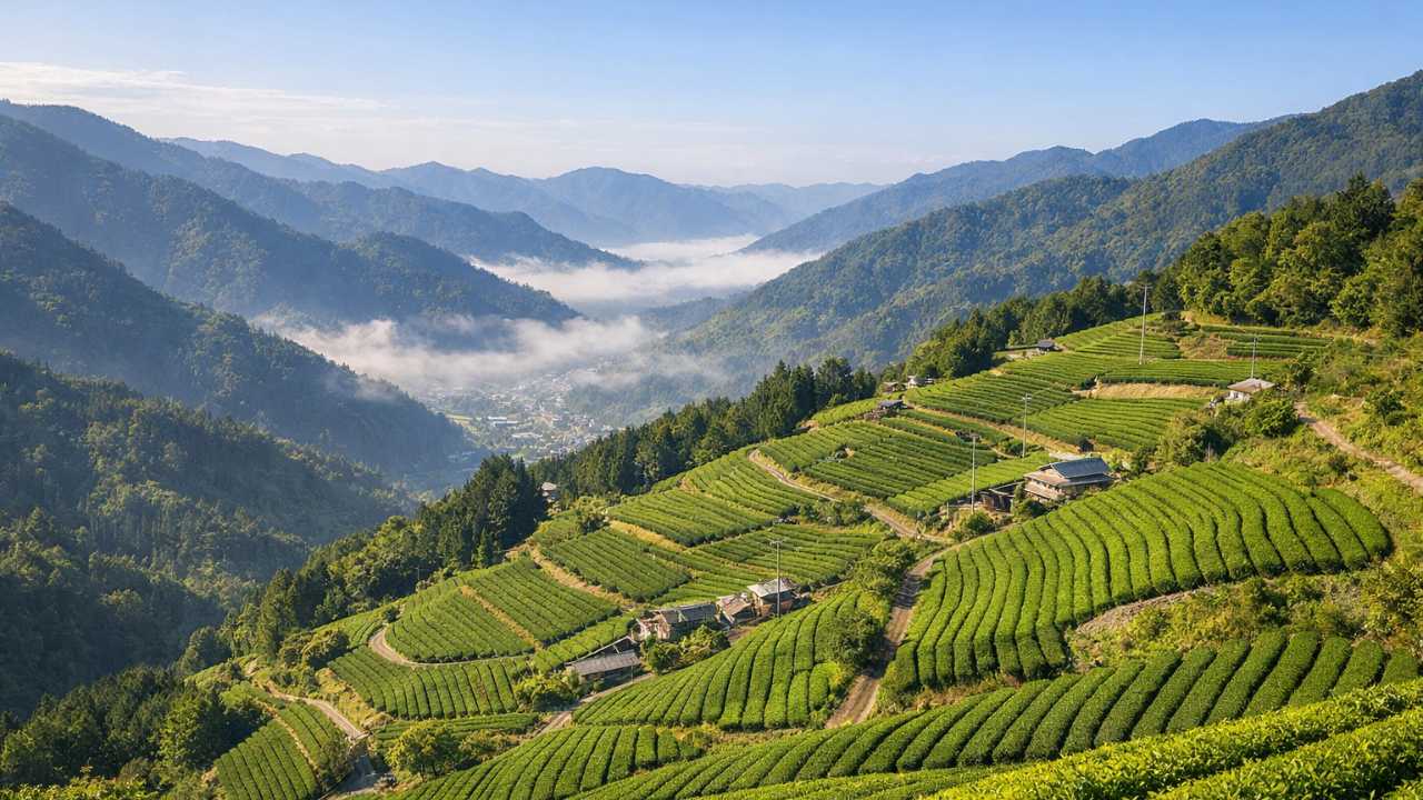 岐阜県揖斐川町の天空の茶畑を高台から見下ろす構図