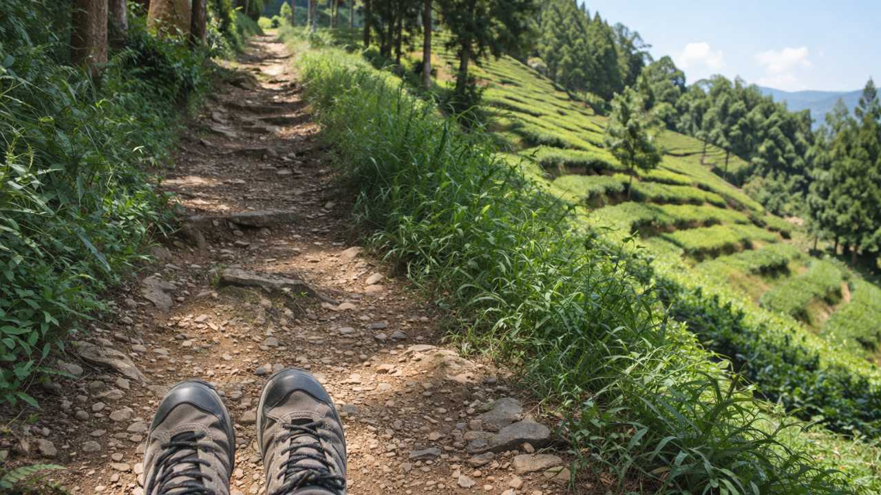 天空の茶畑へ続く遊歩道入口、歩きやすい靴と山道の雰囲気が伝わる構図