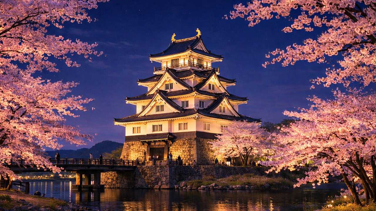 墨俣一夜城と犀川堤の桜を夕暮れから夜にかけて撮影したような風景