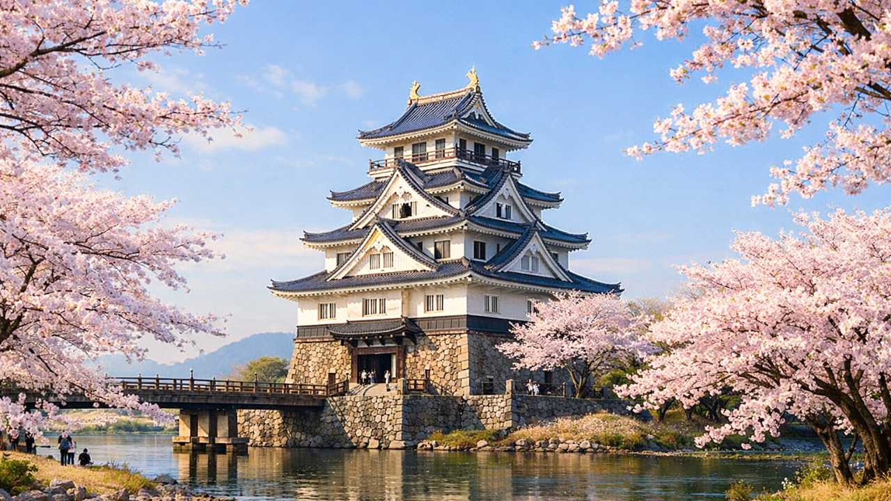 岐阜県の墨俣一夜城を背景に、満開の桜が前景と左右に広がる春の風景