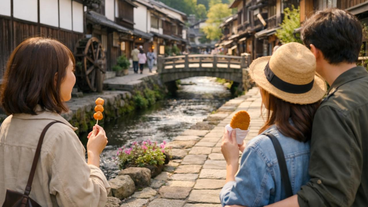 岐阜県・郡上八幡の城下町。白壁と木造町家が並ぶ古い町並み、澄んだ水路、石畳、小さな橋、やわらかな自然光。手前には食べ歩きを楽しむ観光客