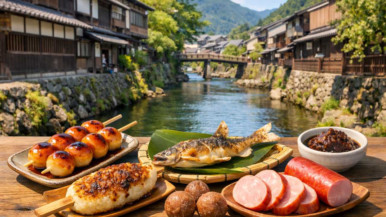 郡上八幡の古い町並みと水路を背景に、手前に五つ玉のみたらし団子、五平餅、郡上鮎、肉桂玉、明宝ハム、郡上みその小さな器を自然に配置した、旅行ブログのアイキャッチ向け写真風ビジュアル