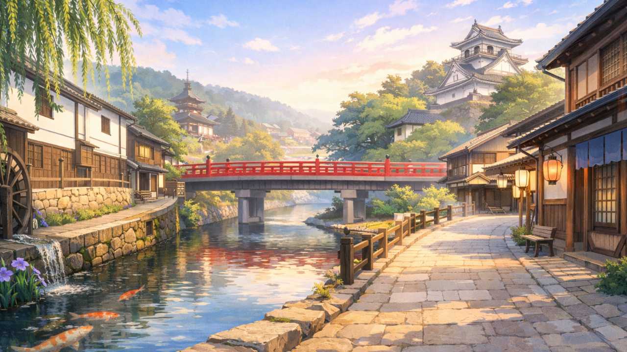 岐阜県のアニメ聖地巡礼をテーマにした旅行ブログ用アイキャッチ。飛騨古川の白壁土蔵街の水路、高山の赤い橋、大垣の城下町の雰囲気