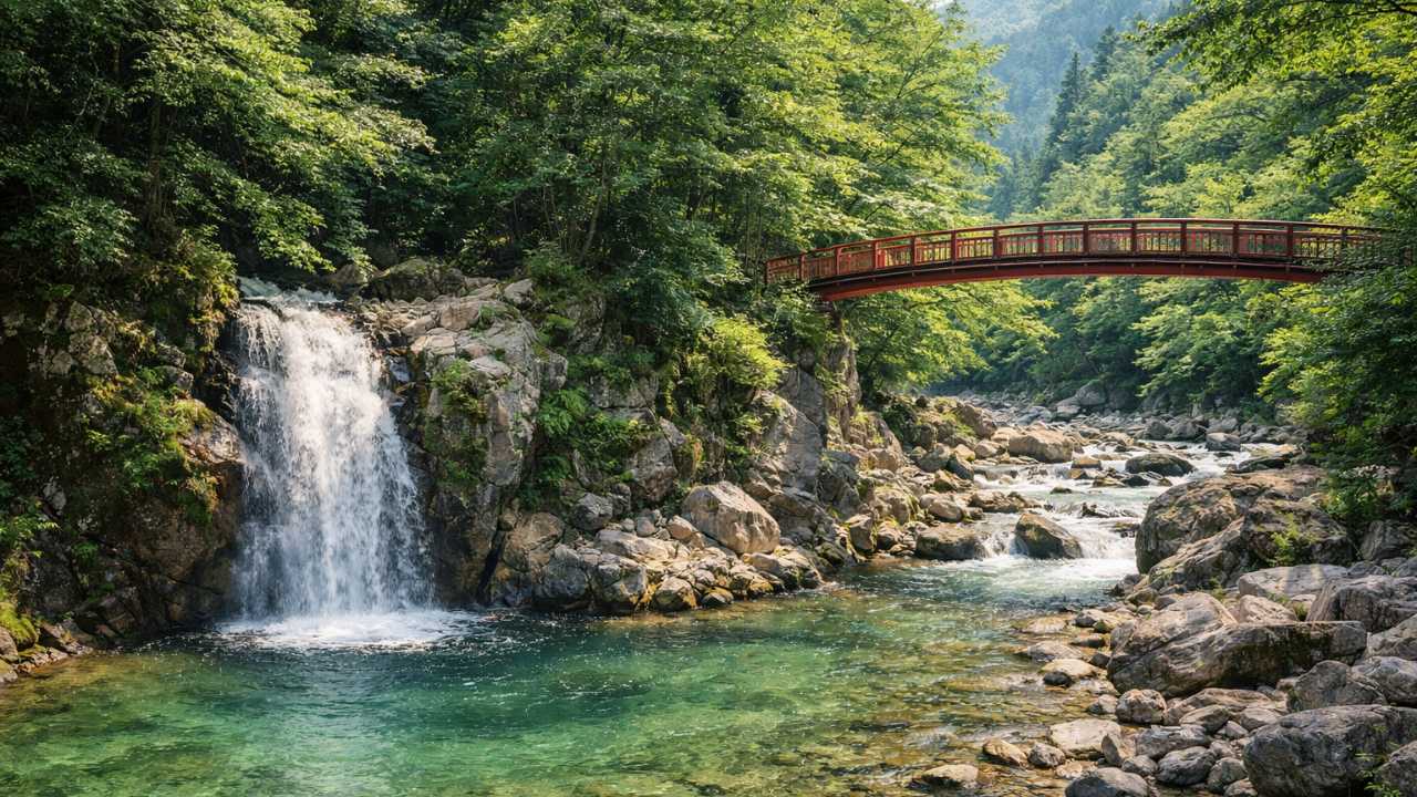 夕森渓谷の滝と橋、川辺の自然、夏の避暑地らしい空気感