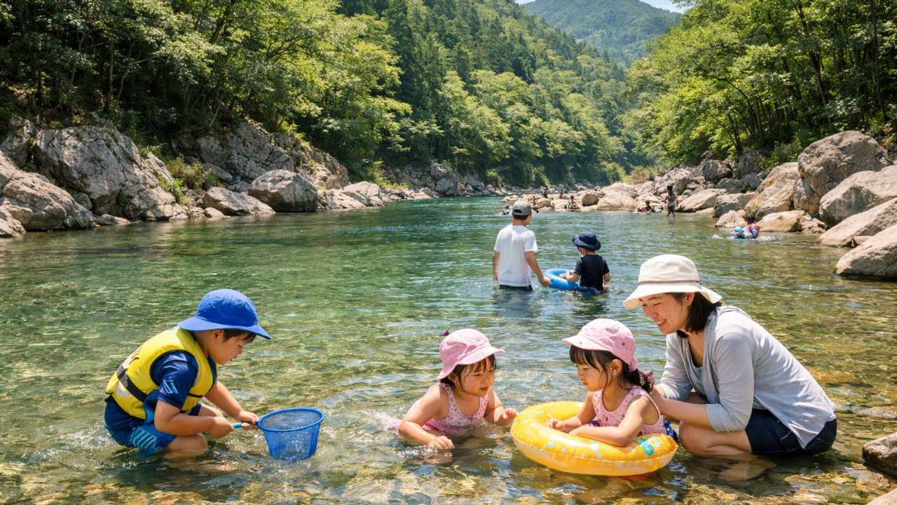 夏の中津川の清流、透明度の高い川、家族が安全に浅瀬で川遊びを楽しむ様子