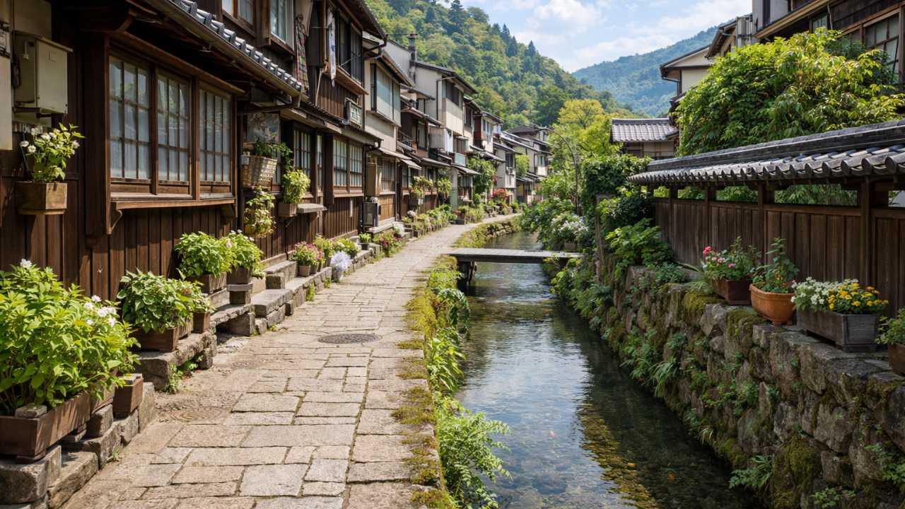 いがわこみちの水路沿いを歩く小径、郡上八幡らしい静かな町並み