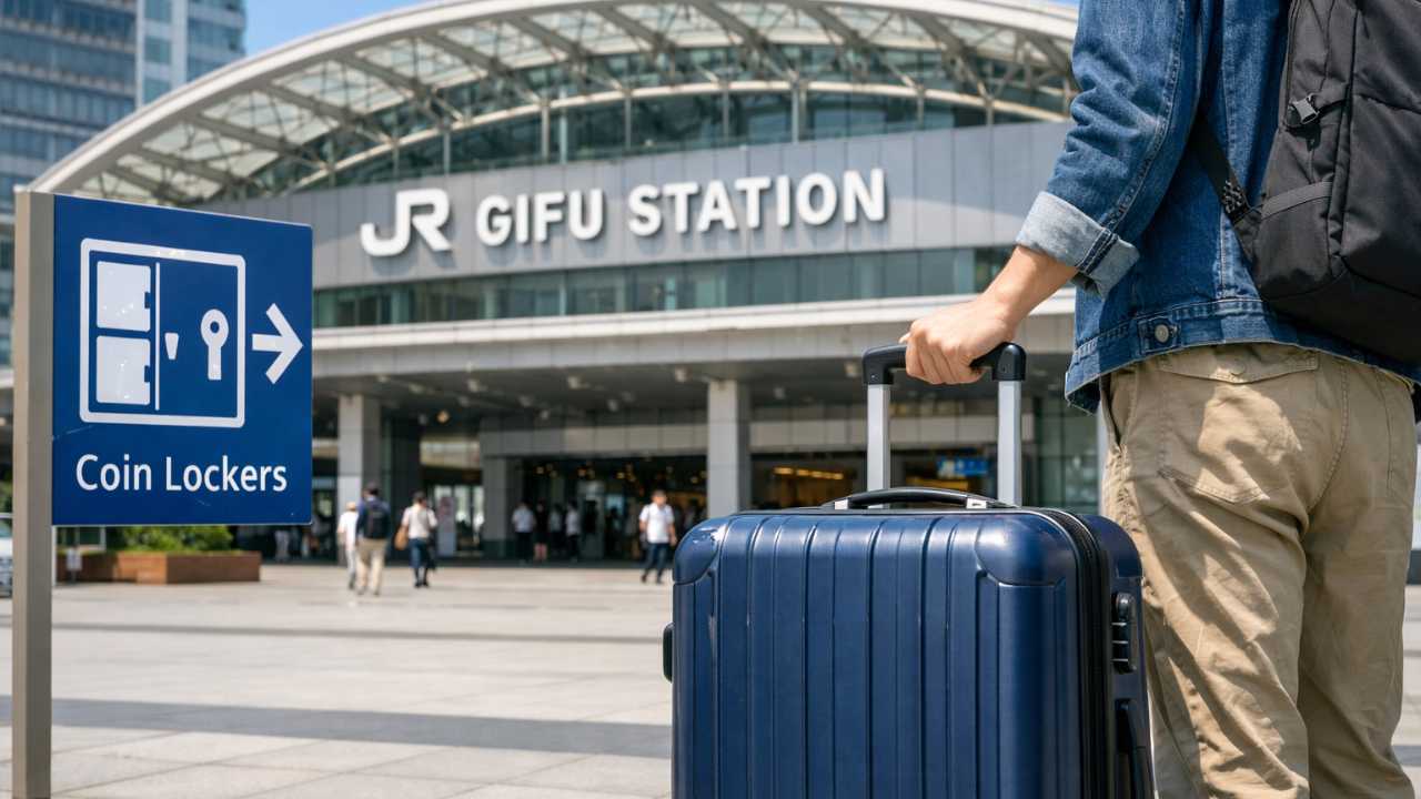 岐阜駅の駅前をモチーフにした旅行ブログ用アイキャッチ。近代的な駅舎、スーツケースを持つ旅行者、コインロッカーを示す案内サイン
