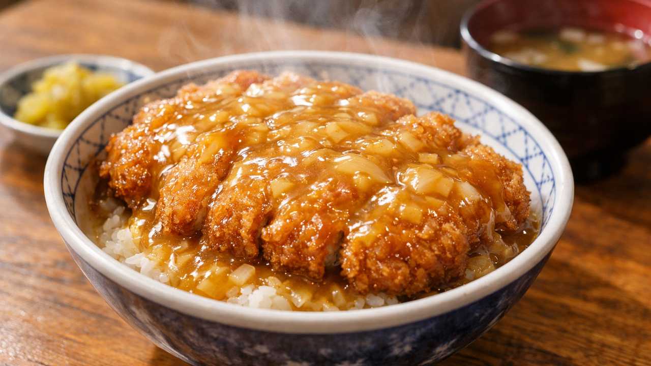あんかけカツ丼の接写、和風だしのとろみあんがカツを包み、湯気と照りが伝わるシズル感重視の実写風