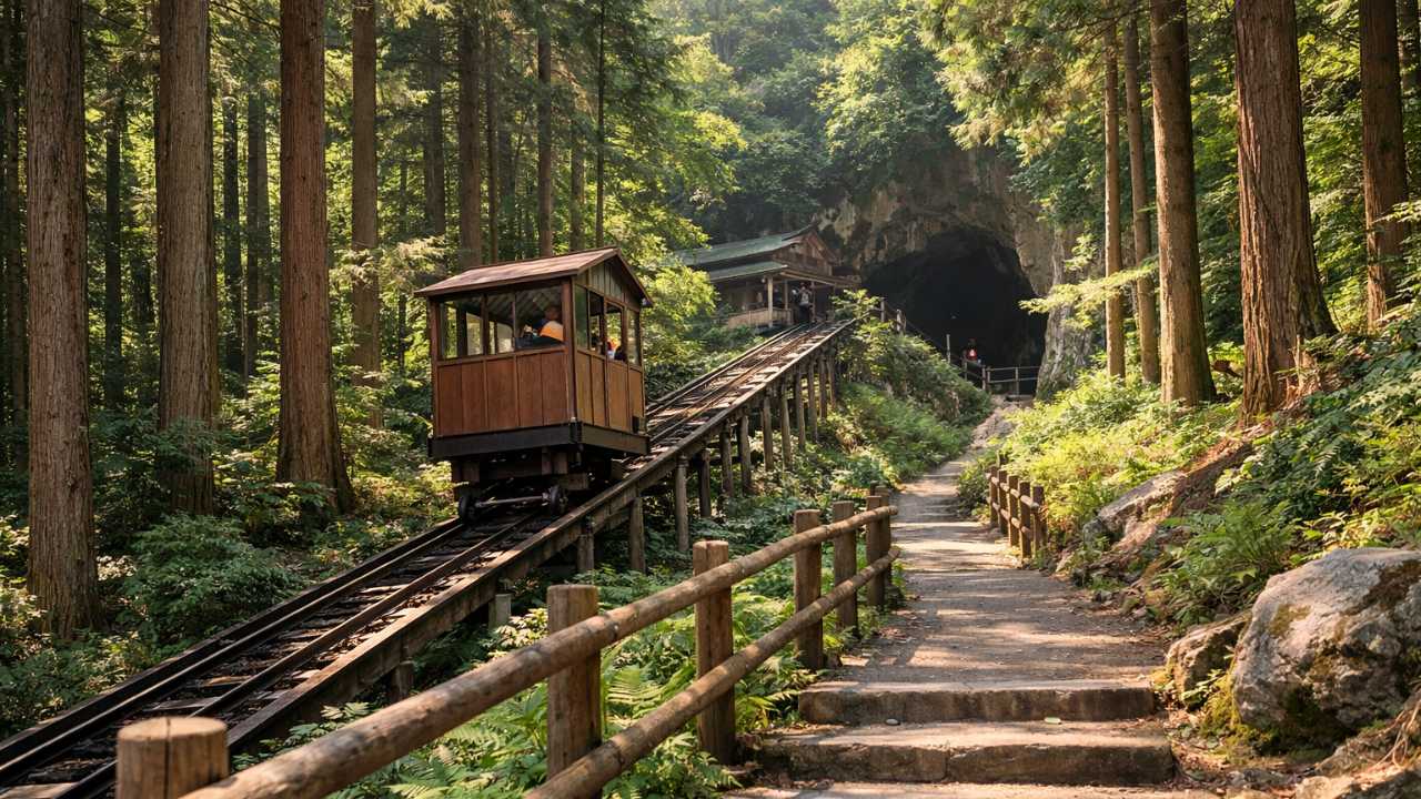 岐阜県郡上市の大滝鍾乳洞へ向かう木製ケーブルカー