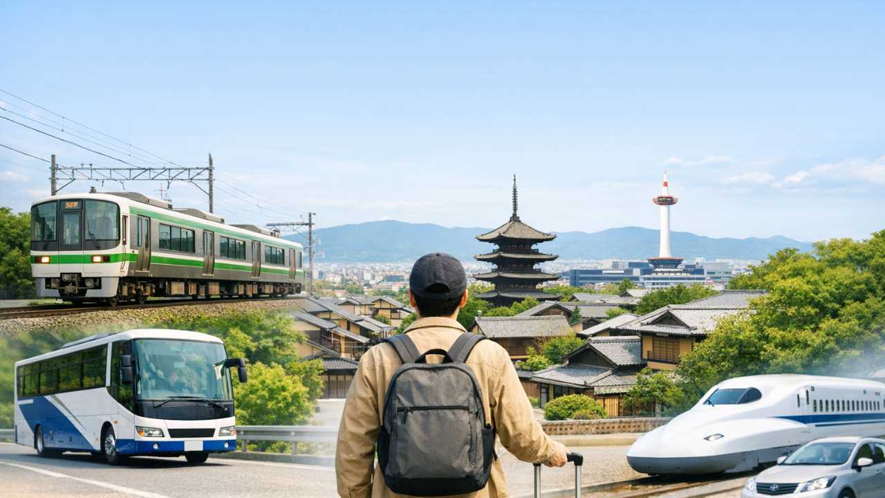 岐阜から京都へ安く行く方法をテーマにしたブログのアイキャッチ画像。岐阜駅から京都駅へ向かう旅のイメージを、JR在来線・高速バス・新幹線・車の4つの移動手段がひと目で伝わるように構成