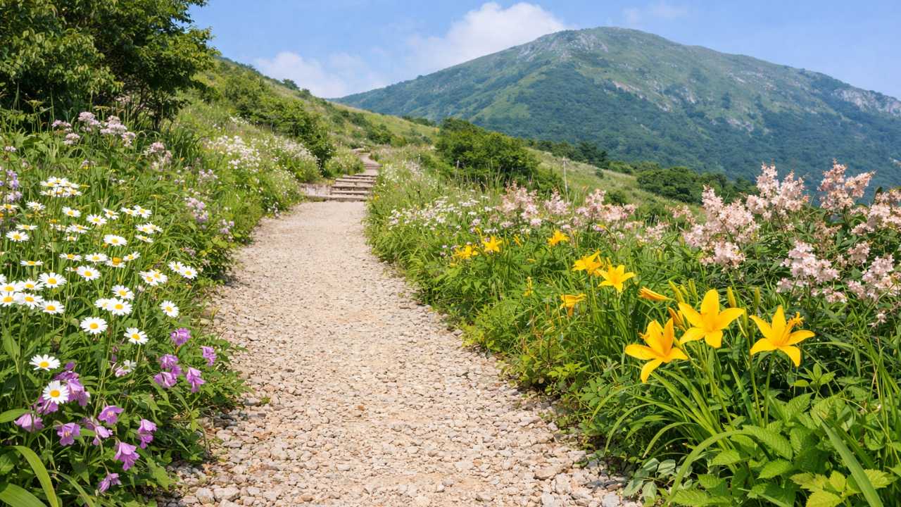 伊吹山西登山道のゆるやかな砂利道と季節の花、初心者が歩きやすい雰囲気の横長写真