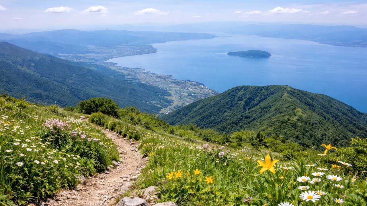 伊吹山山頂付近から琵琶湖を見下ろす広角の展望写真