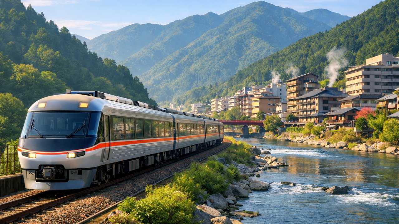 名古屋駅を出発して下呂温泉へ向かう現代的な特急列車の旅情を表現した横長ビジュアル
