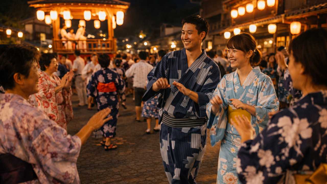郡上の盆踊り会場で、初めて参加する観光客が周囲の動きを見ながら笑顔で踊りの輪に入っていく場面