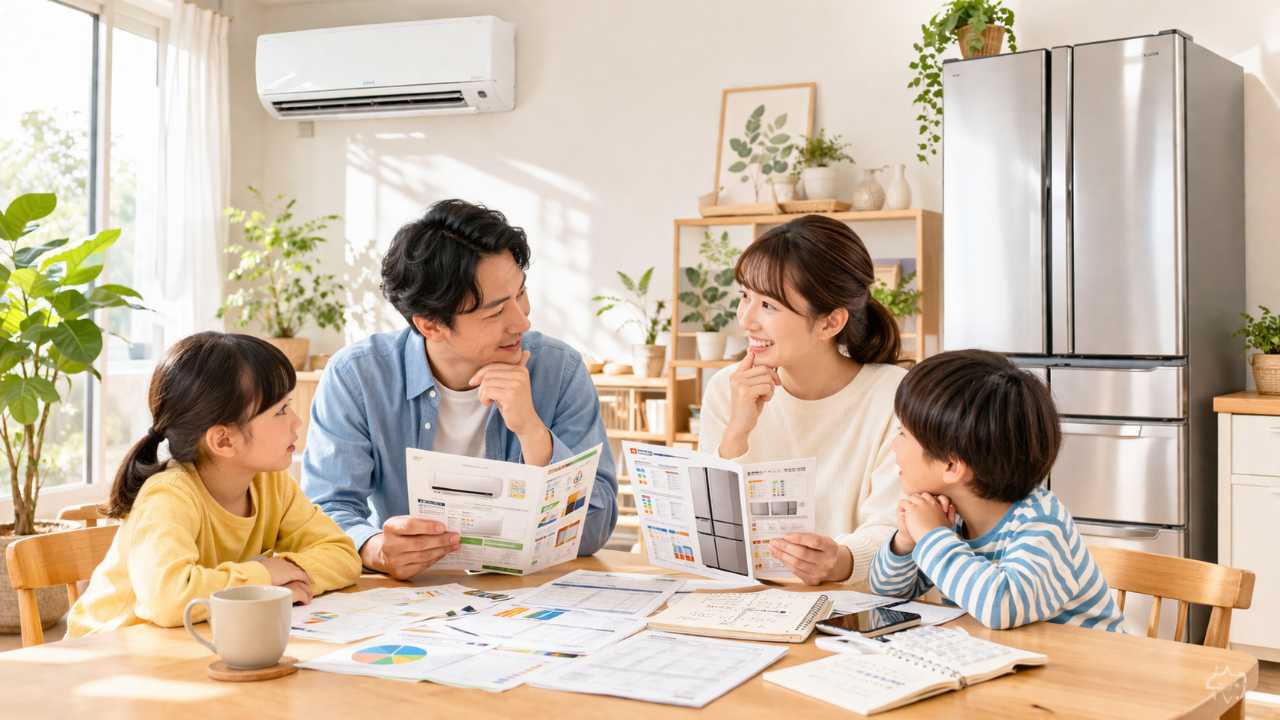 岐阜県で省エネ家電補助金を調べるブログ記事のアイキャッチ、明るい室内で最新型のエアコンと冷蔵庫を見比べる日本人家族