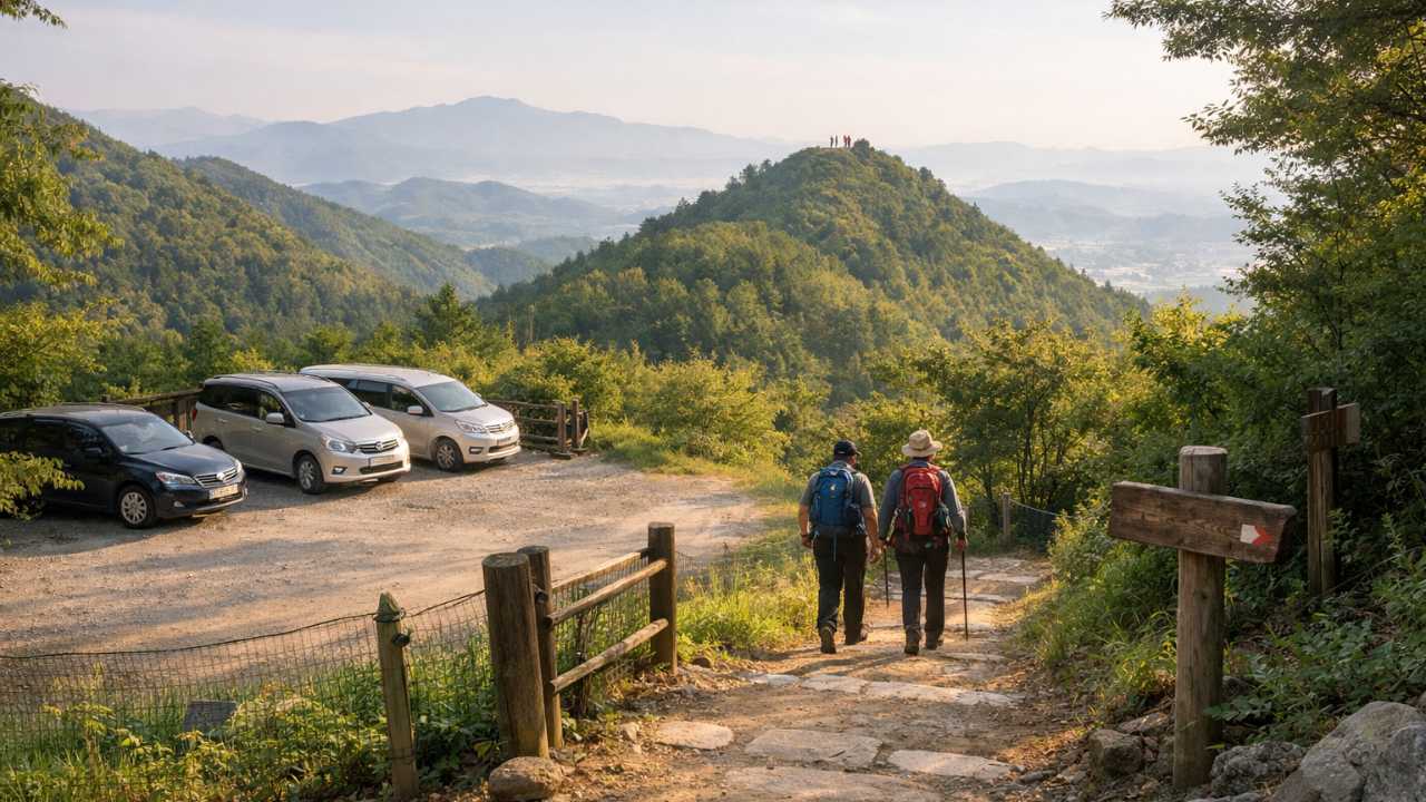 納古山の登山をテーマにしたブログ用アイキャッチ、岐阜の低山らしい自然な山並み、朝のやわらかい光、駐車場から安心して登山へ向かう雰囲気が伝わる構図