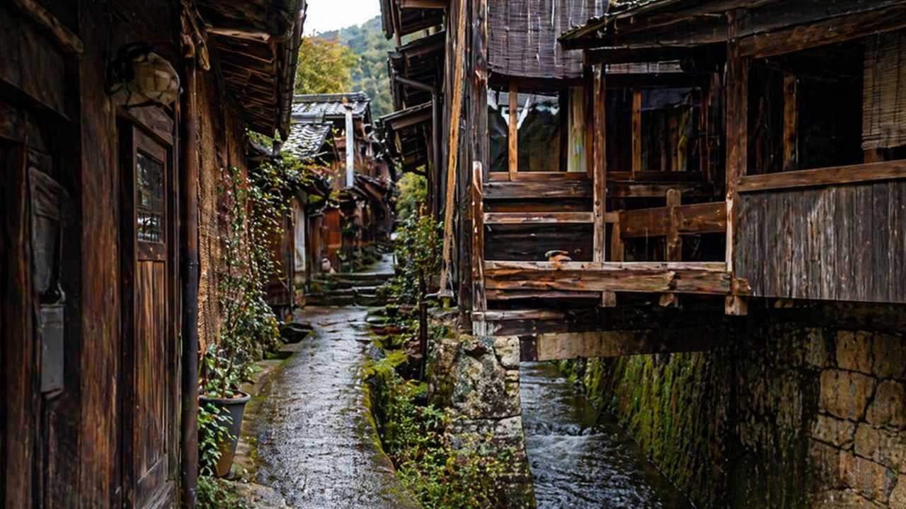 岐阜県下呂市・飛騨金山の筋骨めぐりをイメージした実写風写真、細い迷路のような路地、水路の上に建つ古い木造家屋