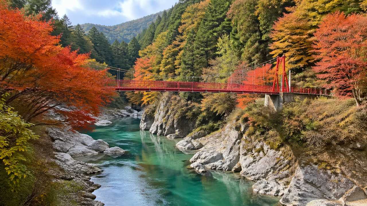 多良峡森林公園のアイキャッチ画像、岐阜の渓谷美、赤い吊り橋と清流の牧田川、周囲を包む深い森林、季節は秋の紅葉