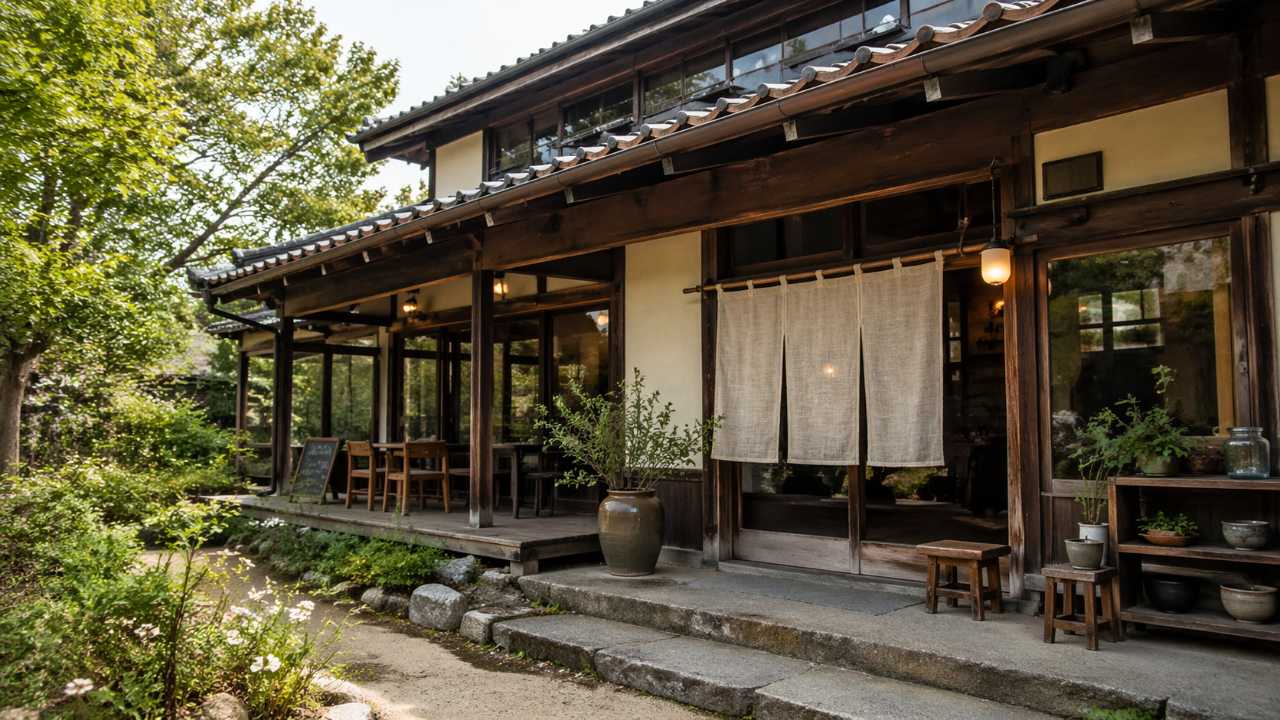 古民家カフェの外観を斜め前から捉えた実写風写真