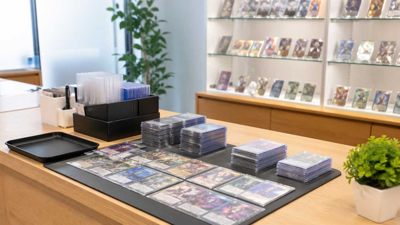 カード買取カウンターで査定前のカードを整えるシーン