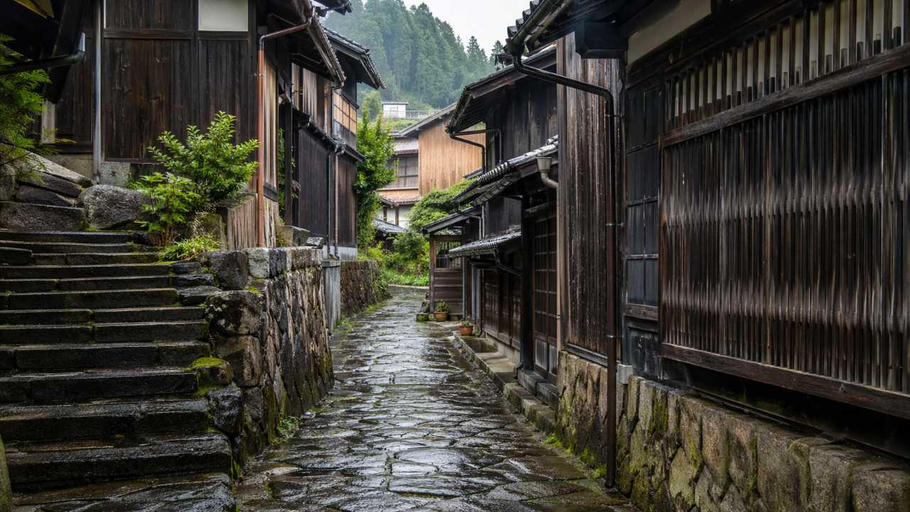 雨上がりの飛騨金山の筋骨めぐり、濡れた石段と細い路地、木造家屋の陰影が美しい実写風写真