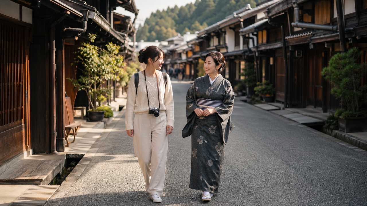 飛騨高山の古い町並みをゆっくり歩く観光客と地元の人の自然な会話風景