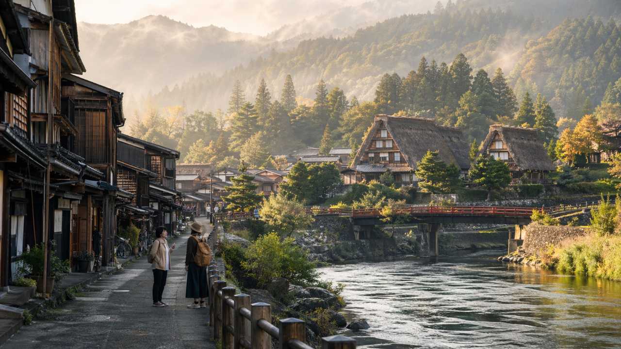 岐阜県のやわらかな朝の町並みを背景に、飛騨高山の古い町並み、白川郷の合掌造り、長良川の川辺の空気感を自然に織り交ぜた実写風ビジュアル