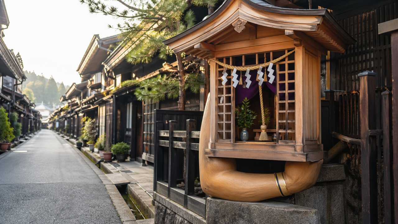 飛騨高山の情緒ある商店街の一角にたたずむ小さな木製の神社