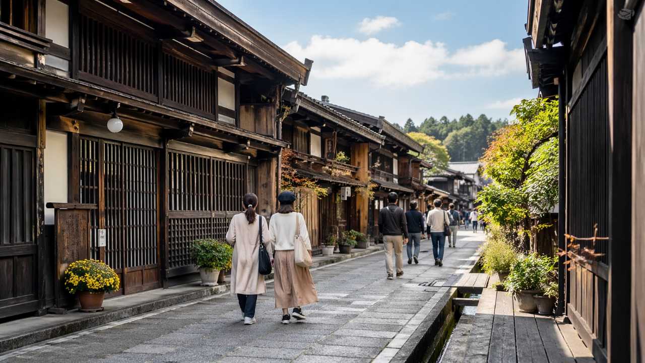 飛騨高山の古い町並を歩く観光シーン