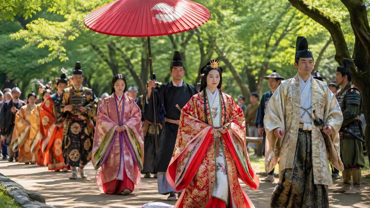 戦国時代の姫の嫁入り行列をイメージした和装の人々が公園内を歩く華やかな風景