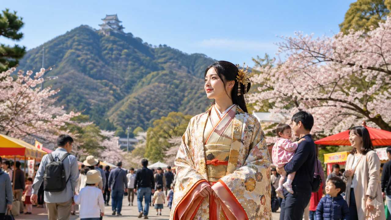 岐阜公園の春の雰囲気を背景に、戦国時代の姫をイメージした上品な和装の女性と、にぎやかな地域祭りの風景
